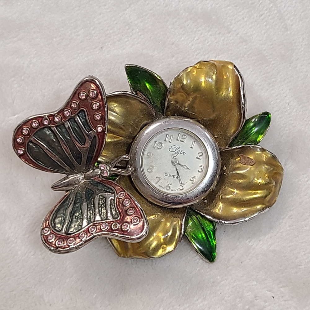 Vintage Elgin Butterfly On Flower Paperwork Clock